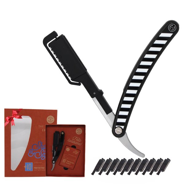 Homie Patented Straight Edge Razors for Men, Close Shaving Razor for Beard with 11 Disposable Blades, Easy to Use and Replace Single Edge Razor Blades with Protective Layer & Safety Lock - Black Zebra