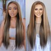 K'ryssma Brown 13x6 Wig Highlight Blonde 13x6 Lace Front Wig Pre Plucked 6 Inch Deep Part Glueless Long Bone Straight Ombre Mixed Brown Synthetic Lace Front Wigs for Women 24 Inches