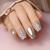 Leuhiove 24 Pcs Glitter Rhinestones Metallic Silver Press on Nail Square Short Punk Gel Sticker,Reflective Mirror Metal Plating Chrome False Nail Tips Bling Diamond Fake Nails press ons With Glue
