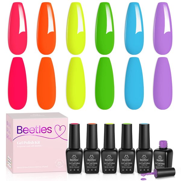 Beetles Gel Nail Polish Kit, 6 Colors Hot Pink Neon Orange Gel Nail Polish Green Blue Purple Gel Polish Set Soak Off UV Nail Lamp Gel Nail Kits Cured Manicure Nails Design Gifts for Women