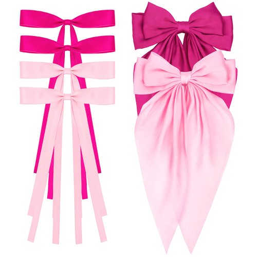 WHAVEL 6PCS Pink Hair Bows for Women, Pink Bows Ribbon Hair Clips with Long Tail Silky Satin Bow Clips Cute Hair Clips Pink Hair Accessories (Pink,Hot pink)