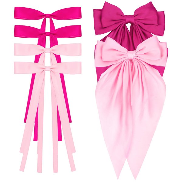 WHAVEL 6PCS Pink Hair Bows for Women, Pink Bows Ribbon Hair Clips with Long Tail Silky Satin Bow Clips Cute Hair Clips Pink Hair Accessories (Pink,Hot pink)