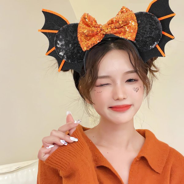 ZJHGDR Halloween Mouse Ear Headband Big Bat Wings Design Hair Hoop Cute Orange Bow Sequins Halloween Hair Band Shiny Orange Hair Accessories Halloween Party Decorations Supplies