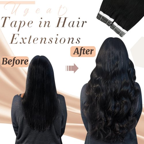 Ugeat Tape in Hair Extensions Human Hair Black Tape in Human Hair Extensions Jet Black Invisible Tape in Extensions Real Human Hair 18inch 20Pcs 50G