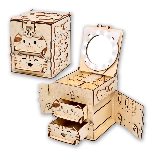 3D Wooden Puzzle Cat Treasure Box, Wood Creative Assembly Model Building Kits to Build for Adults and Teens, DIY Cat Jewelry Box with Mirror Hobbies Projects Gift for Women and Kids