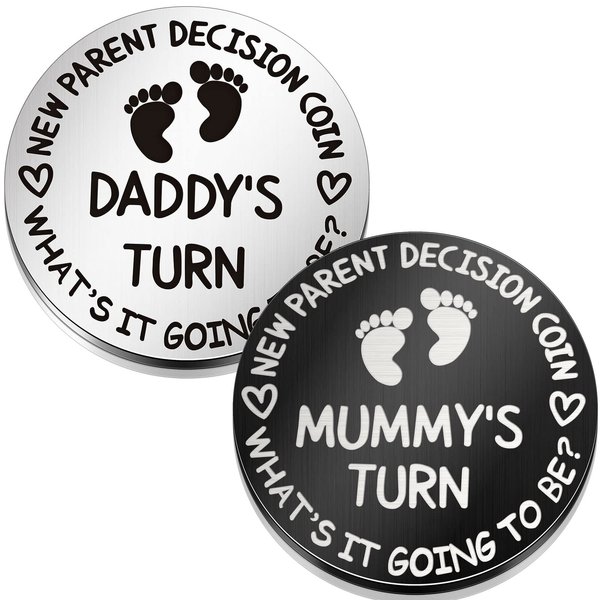 Hicarer 2 Pieces Fun New Parents Decision Coin Double Sided Decision Making Coin New Baby Pregnancy Gift for First Time Mommy Daddy Push Present for Christmas Thanksgiving Sliver and Black