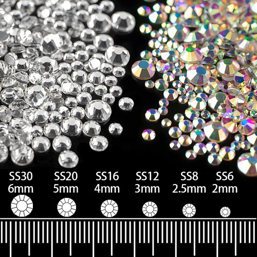 BELLEBOOST Glass Rhinestones for Crafting, 2100 PCS 2-6mm Flatback AB & Clear Crystal Gems for Crafts Nails Bling Face Makeup with Wax Pencil and Dotting Tools