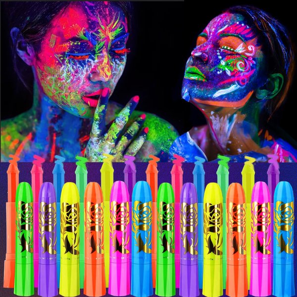 Glow In The Black Light Body Paint,Neon Fluorescent Glow Face Painting Sticks Makeup Kits for Kids Adult Halloween Club Makeup Xmas Glow Party