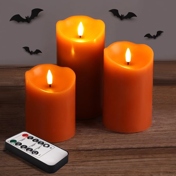 Girimax Burnt Orange Flameless Pillar Candles with Remote Timer, Halloween Fall LED Candles, Battery Operated Set of 3
