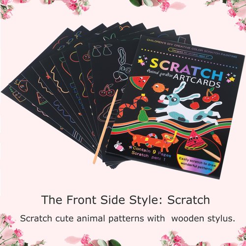SuyuanArt Dinosaur Animal Unicorn Space Scratch Art Cards and Black Rainbow Scratch Art Paper Set,with Scratching Wooden Sticks,Scratch Off Picture for Boys Girls Birthday Party Favors