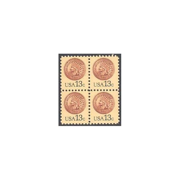 USA 1978 13-Cent Indian Head Penny Block of 4 Postage Stamps, Catalog No 1734