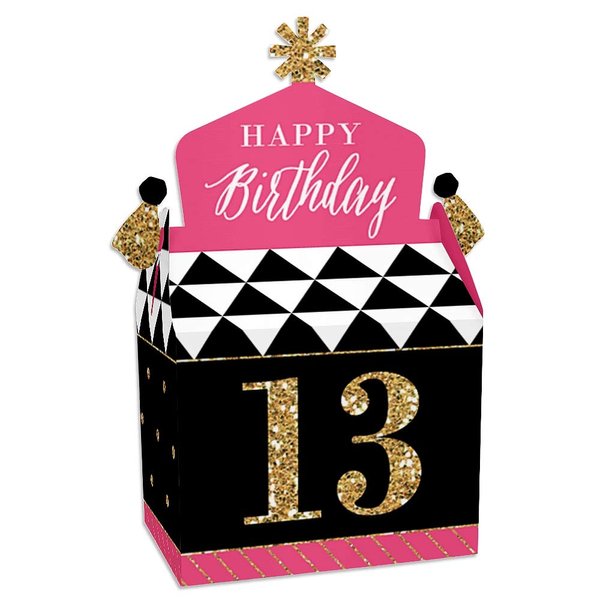 Big Dot of Happiness Chic 13th Birthday - Pink, Black and Gold - Treat Box Party Favors - Birthday Party Goodie Gable Boxes - Set of 12