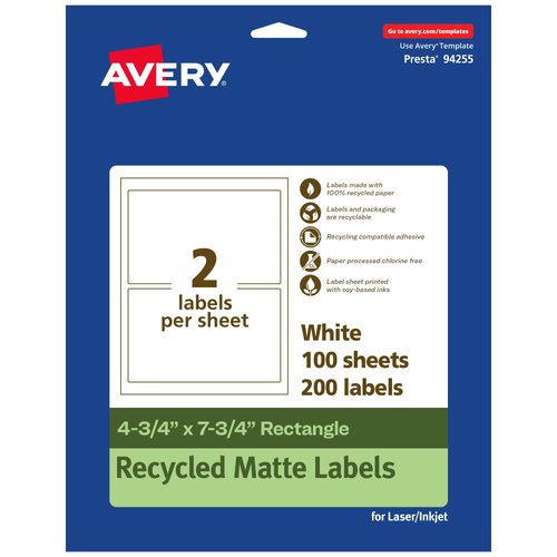 Avery EcoFriendly Matte White Recycled Rectangle Labels, 4.75" x 7.75", Print-to-The-Edge, Matte White Labels, Permanent Adhesive, Laser/Inkjet Printable, 200 Total