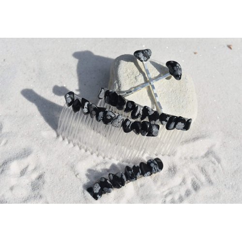 Snowflake Obsidian Stone Hair Clip Set - Includes 2 Hair Combs, 1 60 mm French Barrette, 2 Hair Pins