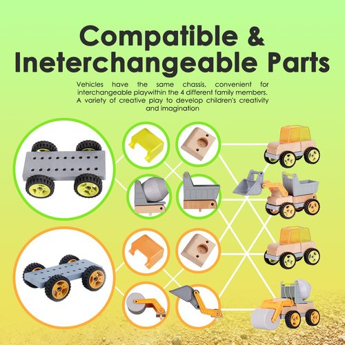 Udeas Wooden Construction Toy Trucks for Toddlers, 4PCS Mini Vehicle Toys Shovel, Tip Lorry, Road Roller, Mixer, Toy Car Gifts for 3 4 5 6 Year Old Boys Girls