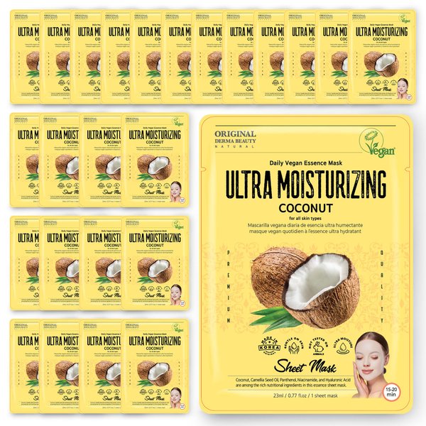 Innerest Original Derma Beauty Collagen Face Masks 24 PK Vegan Ultra Moisturizing Coconut Face Mask Skin Care Sheet Masks Set for Beauty & Personal Care Korean Face Mask