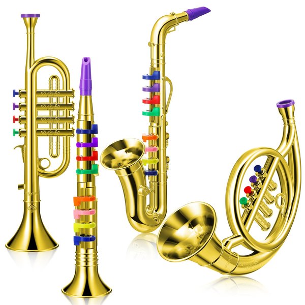 Treela Set of 4 Musical Instruments Toy Clarinet, Toy Saxophone, Toy Trumpet and Toy Horn for Beginners 4 Wind and Brass Musical Instruments Combo with over 10 Color Keys Coded for Boys Girls (Gold)