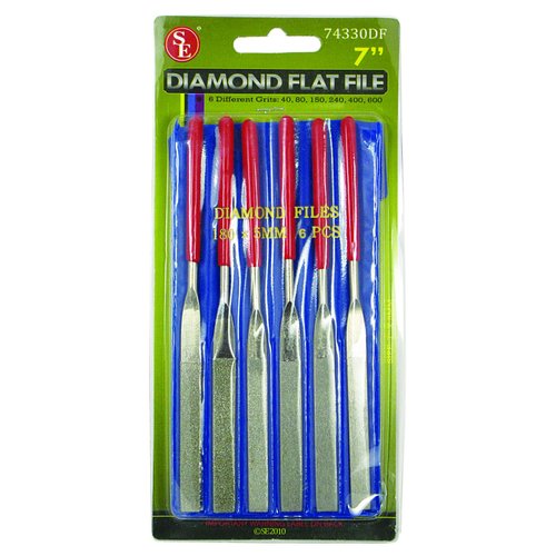 SE 74330DF 6-Piece Flat Diamond Grit File Set - Multi-Grit for Metals, Glass, Stones - 7" Length, 2" Diamond Surface, Round Handles - Includes PVC Pouch