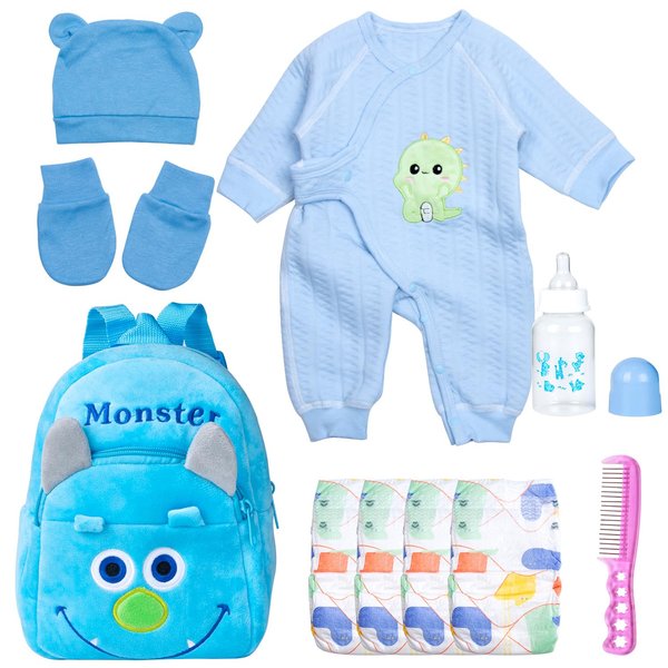 10 Pcs Reborn Baby Doll Accessories with Backpack for 17-22 Inch Baby Doll, Baby Doll Clothes Blue Outfits Accessories