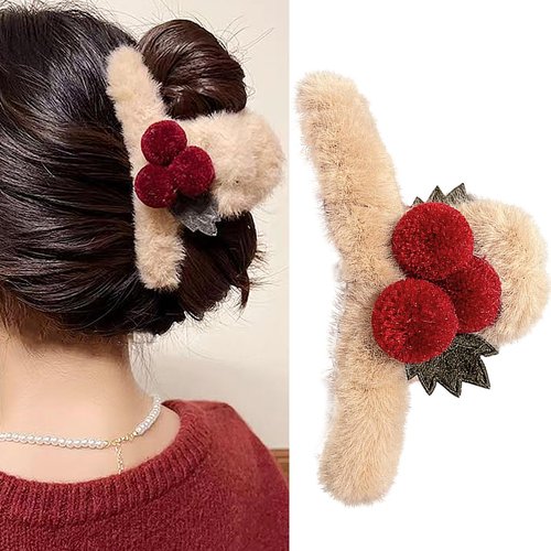 Valentine's Day Hair Claw Clips for Women Red Ball Faux Fur Hair Claw Clips Fluffy Plush Hair Jaw Clamp Coffee Color Half Bun Hairpins for Thick Hair Vintage Cute Claw Clips Party Hair Decor 1PCS