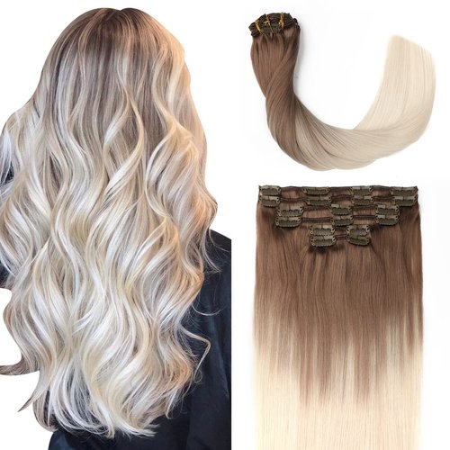 Sindra Hair Extensions Real Human Hair Clip ins 14Inch Light Brown Ombre Platinum Blonde Clip in Hair Extensions Real Human Hair Extensions Clip ins Remy For Woman 100G 6Pcs(clip#8T60 14inch)