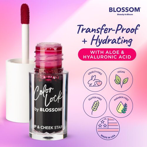 Blossom Color Lock Hydrating Longlasting Lip Stain and Tint for Lips & Cheek, Buildable, Non Drying, Smudgeproof + Transfer Proof, Made in USA with Doe Foot Applicator, 0.14 fl oz/4ml, Wine Stained