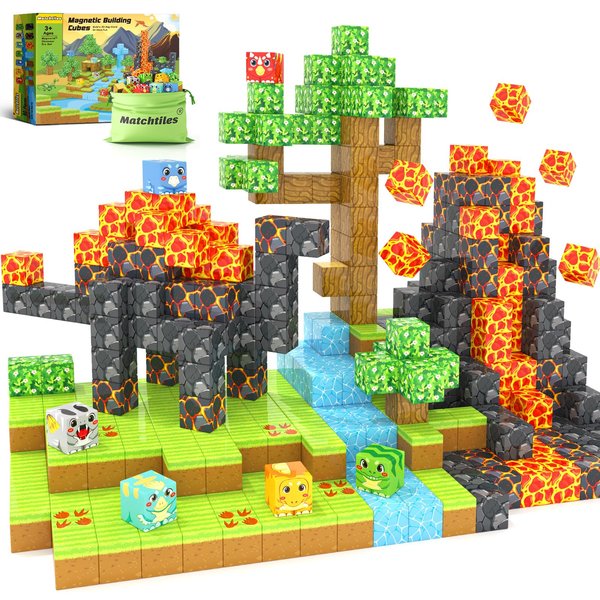 Magnetic Blocks Dinosaur Toys, Build Mine Magnet World Dinosaurs Set, Magnetic Tiles Building Toys for Boys & Girls Kids Ages 3-5 5-7, STEM Montessori Sensory Toys for Toddlers Gifts for 3+ Years Old
