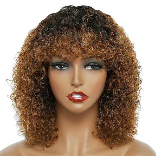 PECWU Curly Wig Human Hair 1B/30 with Bangs None Lace Front Glueless Short Kinky Curly Ombre Brown Afro Curly Wigs for Black Women Colored Curly Wig 200% Density Jerry Curly Wig(12, 1B/30)