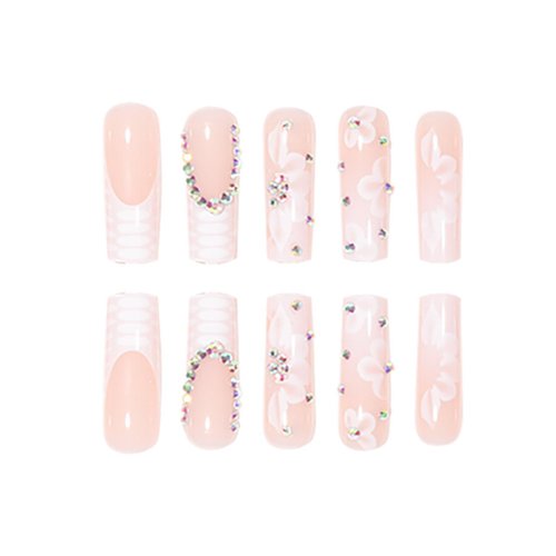 DANMANR White Fake Nails Long Press on Coffin Nails Rhinestones Full Cover Acrylic Shiny Fake Nails for Women and Girls 24PCS