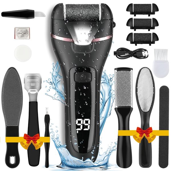 Foot Callus Remover Electric Callus Remover for Feet, Yooikeey Electric Foot Scrubber Dead Skin Remover,16 in1 Pedicure kit for Dead Skin&Cracked Heel or Rough Hand with 3 Roller Heads 2 Speed (black)