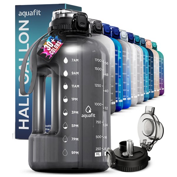 AQUAFIT 64 oz Water Bottle with Time Marker - Straw & Chug Lid - BPA Free Big Water Bottle with Straw - Gym Water Bottle with Handle - Gallon Water Jug (64 oz, Gray)