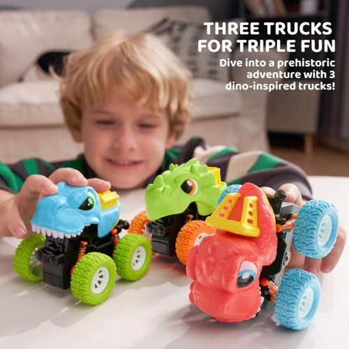 lalalark 3 Pack Monster Truck Toy, Dinosaur Toys for 3 4 5 Year Old Boys, Friction Power 360° Rotating Push and Go Cars, Bumping Up and Down Action, Christmas Birthday Gifts for Kids 3-5