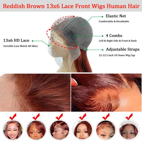 Reddish Brown Lace Front Wigs Human Hair Straight 13x6 HD Lace Front Wigs Human Hair Pre Plucked 13x6 frontal Wig Copper Human Hair Wigs with Baby Hair 12A Auburn Wig for Women 180% Density 28 Inch