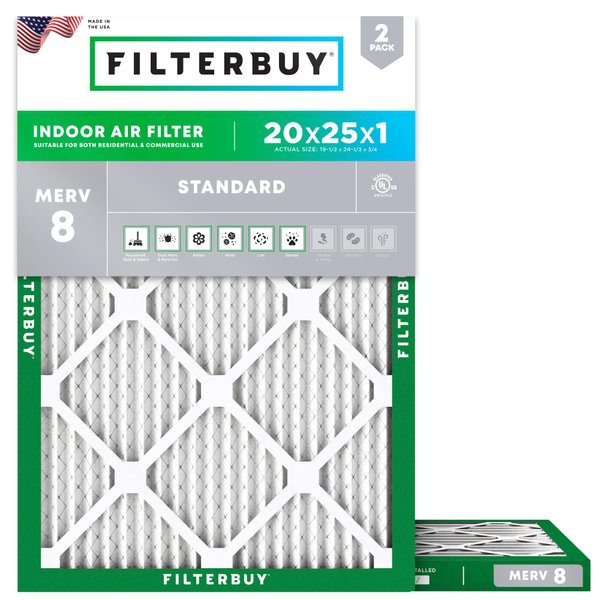 Filterbuy 20x25x1 Air Filter MERV 8 Dust Defense (2-Pack), Pleated HVAC AC Furnace Air Filters Replacement (Actual Size: 19.50 x 24.50 x 0.75 Inches)