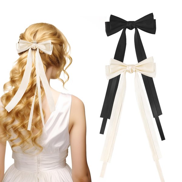 EHBELIF Hair Bows for Women Bow Hair Clips Pink Hair Ribbon Bow Tassel Hair Bow with Long Tail Silk Bowknot Hair Clip Barrettes Solid Satin Hair Accessories for Women and Girls (Black&white)