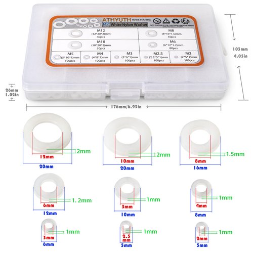 ATHYUTH 720-Pcs (9 Sizes) Round Nylon Washers White Flat Gasket Ring Sealing Washers Hardware Assortment Kit for Bolts and Screws.