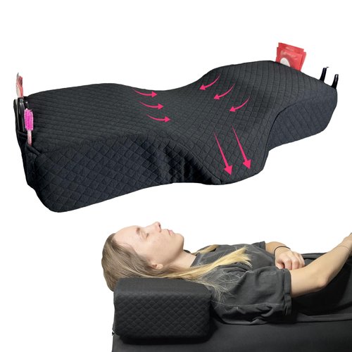 XOLLOZ Pillow for Eyelash Extensions - Curved Lash Bed Pillow with Neck and Back Support, Pillow for Eyelash Extensions, Two Pockets for Tools On The Sides of Pillow - Black (New Type)
