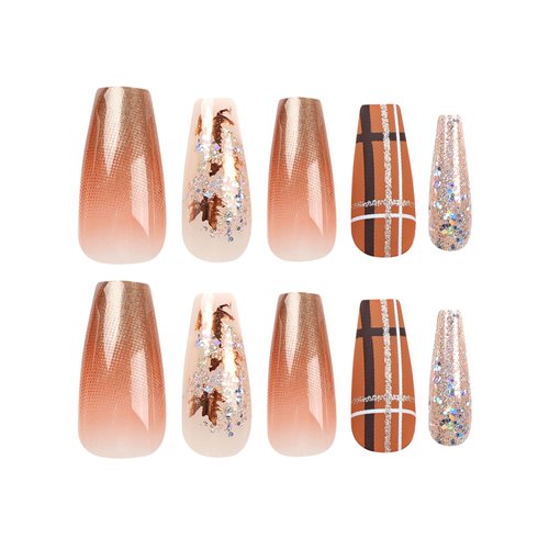 MISUD Fall Press on Nails Long Coffin Fake Nails Glossy Glue on Nails Brown Ombre Acrylic Nails Autumn Maple Leaf Ballerina Artificial Nails Bling Glitter Stick on False Nails with Design 24 pcs