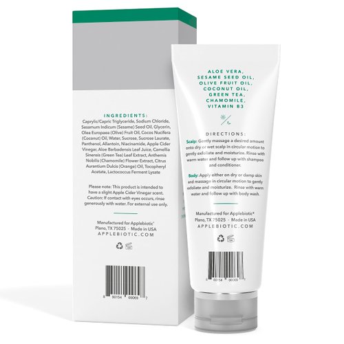 Applebiotic Exfoliating Scrub for Face, Body and Scalp with Sugar Crystals & Coconut Oil, Unclogs Pores & Moisturizes, Hair Scrub & Scalp Cleanser for Build Up, Healthy Hair Growth