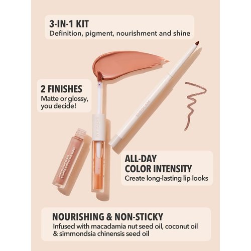 SHEGLAM Soft 90'S Glam 3-In-1 Lip Liner Moisturizing Plant Extracts Long Lasting Liquid Lipstick Plumping Lip Gloss Makeup Set - Moody Taupe