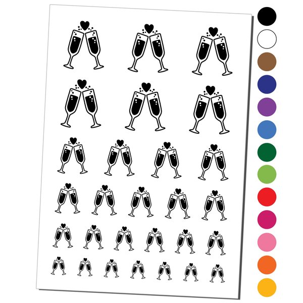 Cheers Toast Champagne Heart Love Wedding Anniversary Temporary Tattoo Water Resistant Fake Body Art Set Collection - Black (One Sheet)
