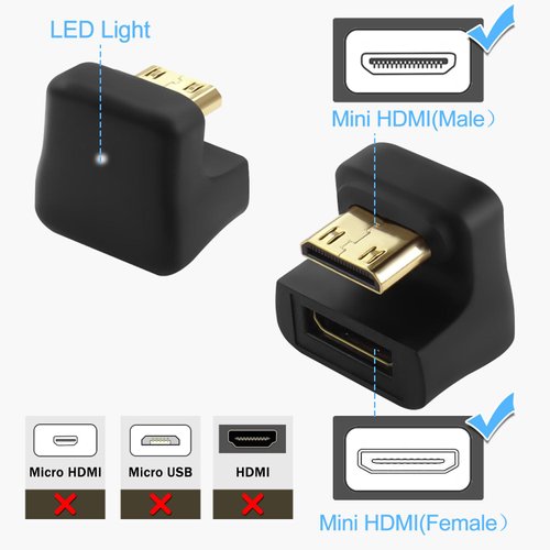 QIANRENON 8K Mini HDMI U Shape Angle Adapter UHD2.1 Mini HDMI Male to Mini HDMI Female 180 Degree Down HD Display Connector, LED Light, for DSLR Portable Camcorder Tablet PC (Reverse)