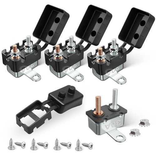 RED WOLF (30A 4PCS) DC 6V-50V Automatic Reset Circuit Breaker #10-32 Studs with Metal Fuse Housing Pre-Trimmed Cover Reusable for Trolling Motor Marine ATV Boat RV Automotive Battery Solar System