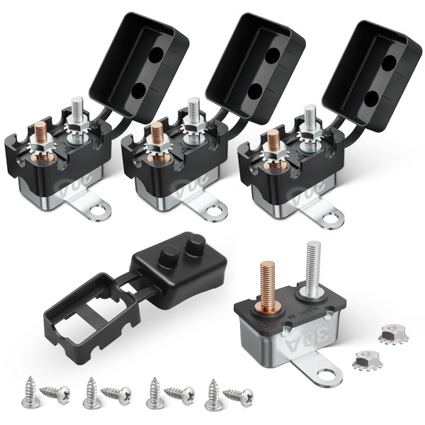 RED WOLF (30A 4PCS) DC 6V-50V Automatic Reset Circuit Breaker #10-32 Studs with Metal Fuse Housing Pre-Trimmed Cover Reusable for Trolling Motor Marine ATV Boat RV Automotive Battery Solar System
