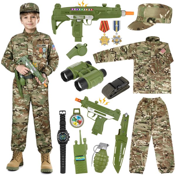 GIFTINBOX Army Costume for Kids,15PCS Soldier Military Dress Up Role Play Set with Accessories,Halloween Costumes Boys Kids 3-12,Halloween Birthday Gift Kids,Green Camouflage,Medium (5-7y)