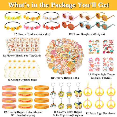 Tenceur 146 Pcs Groovy Party Favors Include Hippie Bracelet Keychain Boho Tattoo Sticker Daisy Headband Peace Necklace Sunglasses Sticker Gifts Bag Thank You Tags for Retro Groovy Birthday Party