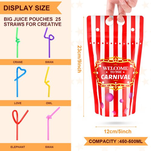 25 Sets Carnival Theme Party Decorations Carnival Bags Carnival Drink Pouches with Straws Reusable Carnival Treat Bags with Zipper for Carnival Party Favors Kids Circus Favor Plastic Circus Party Bag