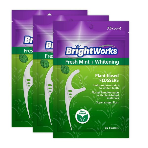 225 Piece BrightWorks Fresh Mint + Whitening Dental Flossers with Plant-Based Handles, Super-Strong Floss for Adults and Mint-Flavored Floss with Micro-Crystals, 75 Count (Pack of 3)