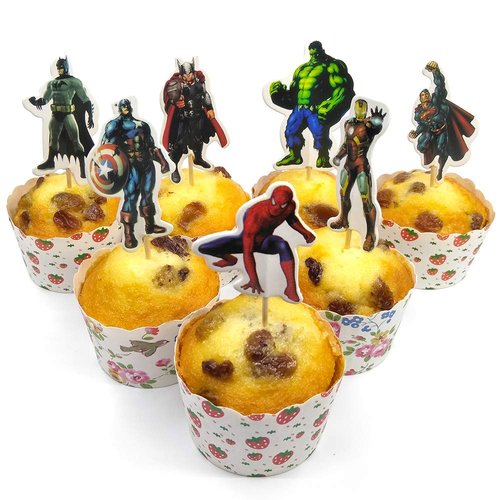 v39buy 28pcs Superhero Cupcake Toppers - Cake Toppers For Children Birthday Party Decoration Supplies - 7 Designs Made Of Cardboard And Toothpick