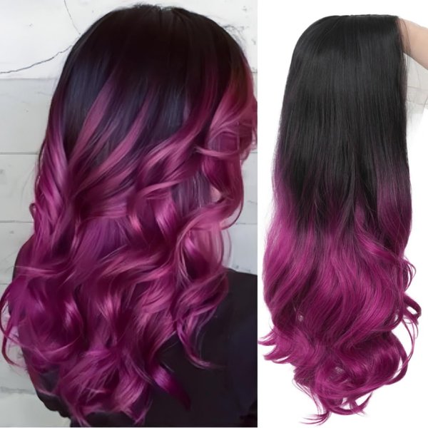 Siudus Ombre Purple Lace Front Curly Wig Long Black Purple Synthetic Heat Resistant Wig for Daily Party Costume Halloween